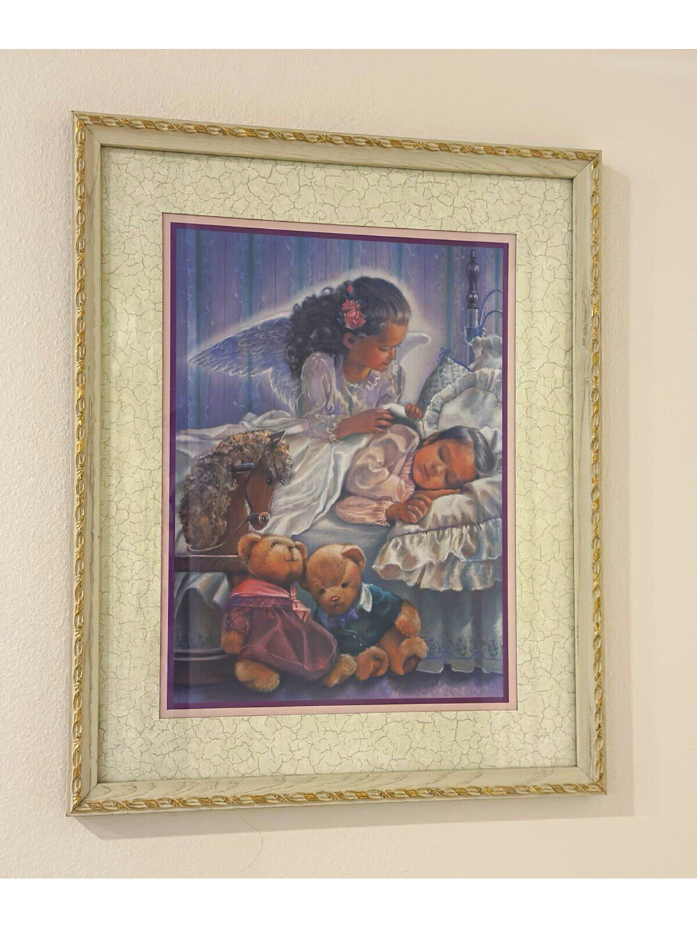 Vintage Home Interiors Guardian Angel Framed Art Print Sleeping Girl Teddy Bears